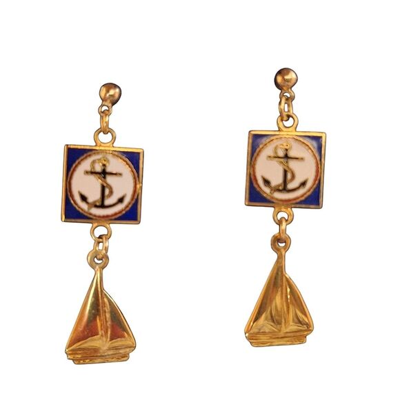 Vintage Nautical Drop Earrings Anchor Sailboat Enamel Gold Tone 1.5" Drop in Box - Picture 3 of 12